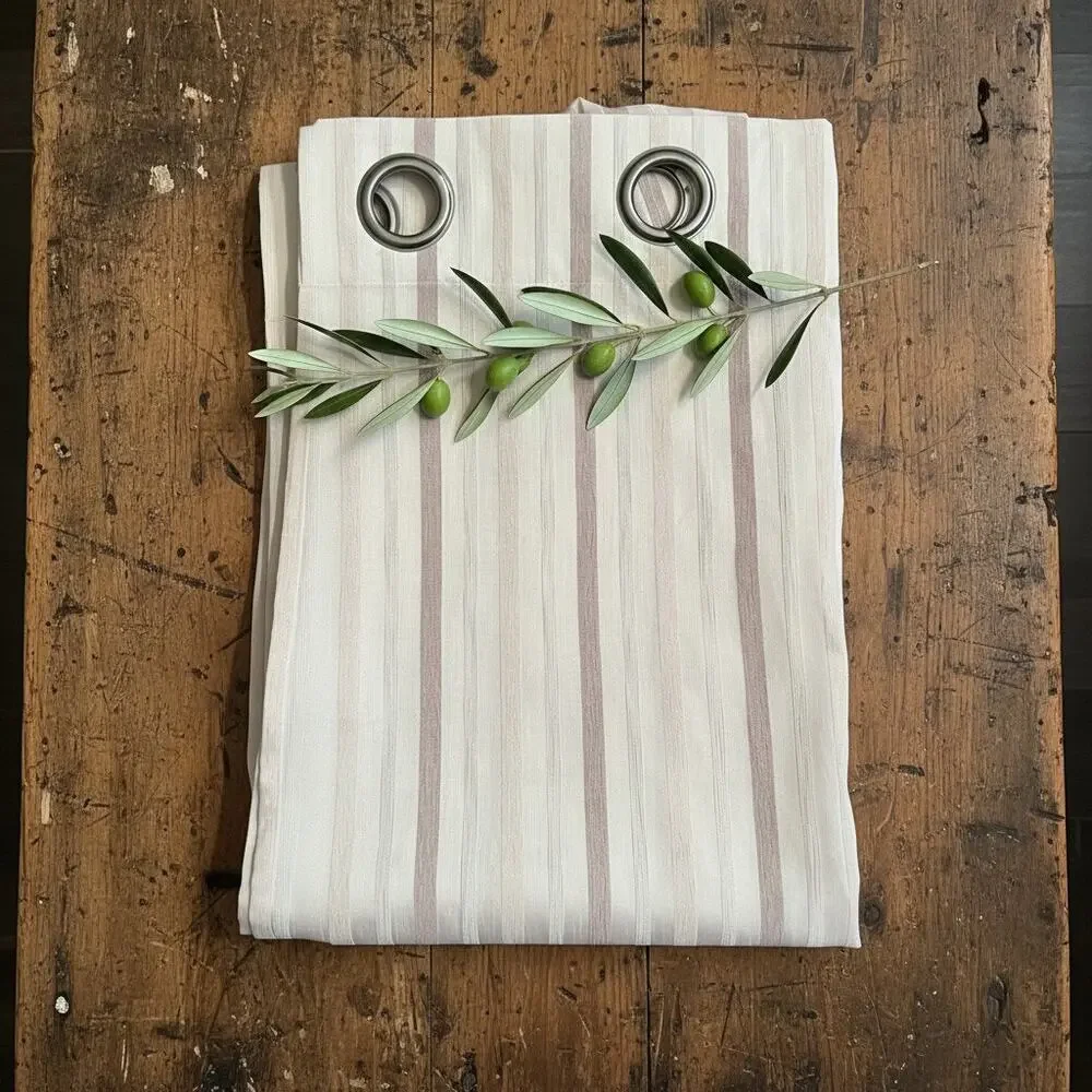 Vintage Cream Taupe Stripe Curtain Panels Set 2-Grommet Drapes-Neutral-Window